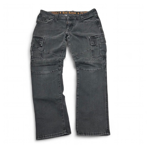 Rock Revival Other - Rock Revival Chestwick Straight Cargo Jeans Mens 38 Black Moto Paneled Faded